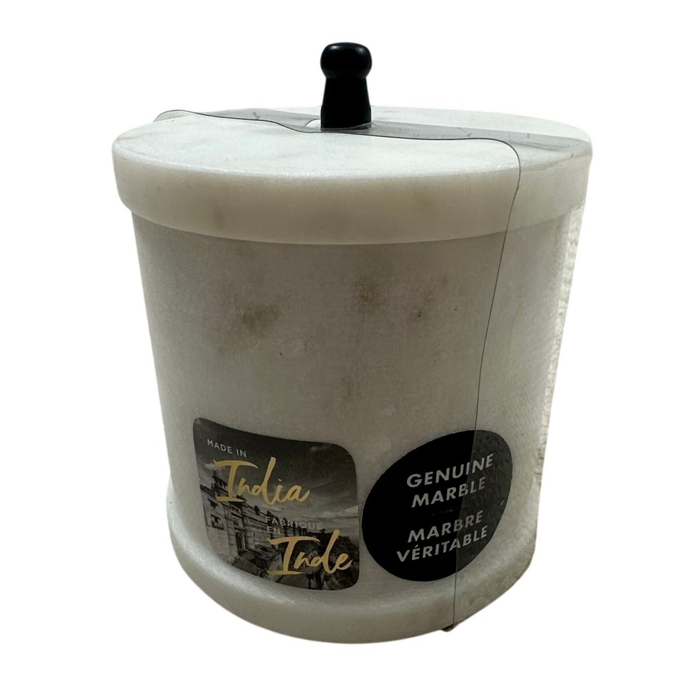 Genuine White Marble Canister with Lid and Black Knob Handcrafted in India